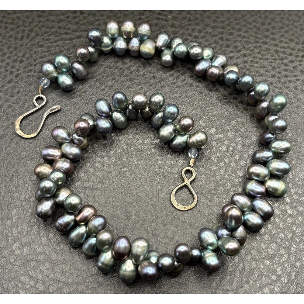 VTG Peacock Iridescent Double Row Pearl Necklace Sterling Silver 925 Clasp 16"